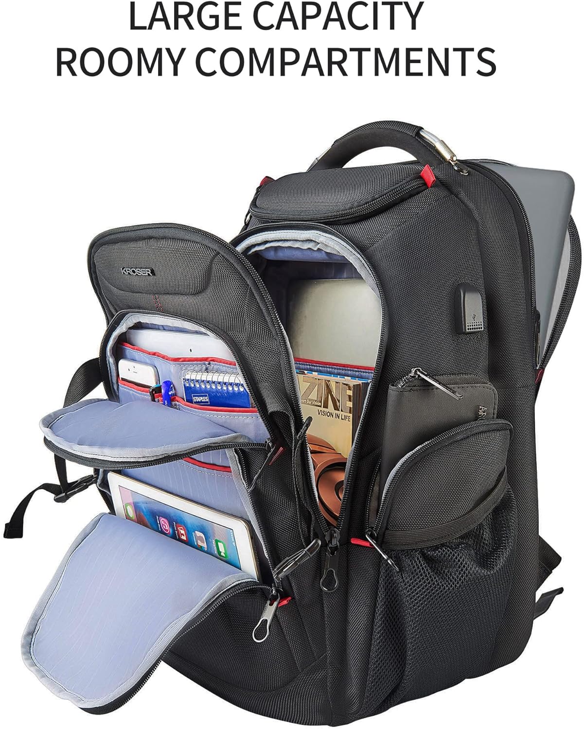 KROSER Travel Laptop Backpack 17.3 Inch XL Computer Backpack with Hard Shell Saferoom RFID Pockets Water-Repellent Business College Daypack Stylish Bag for Men/Women-Black 24Hr Smart